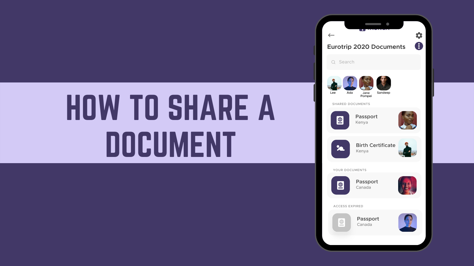 Screenshot of MIDO on a phone screen, with 'How to share a document' on the left, on a dark purple background