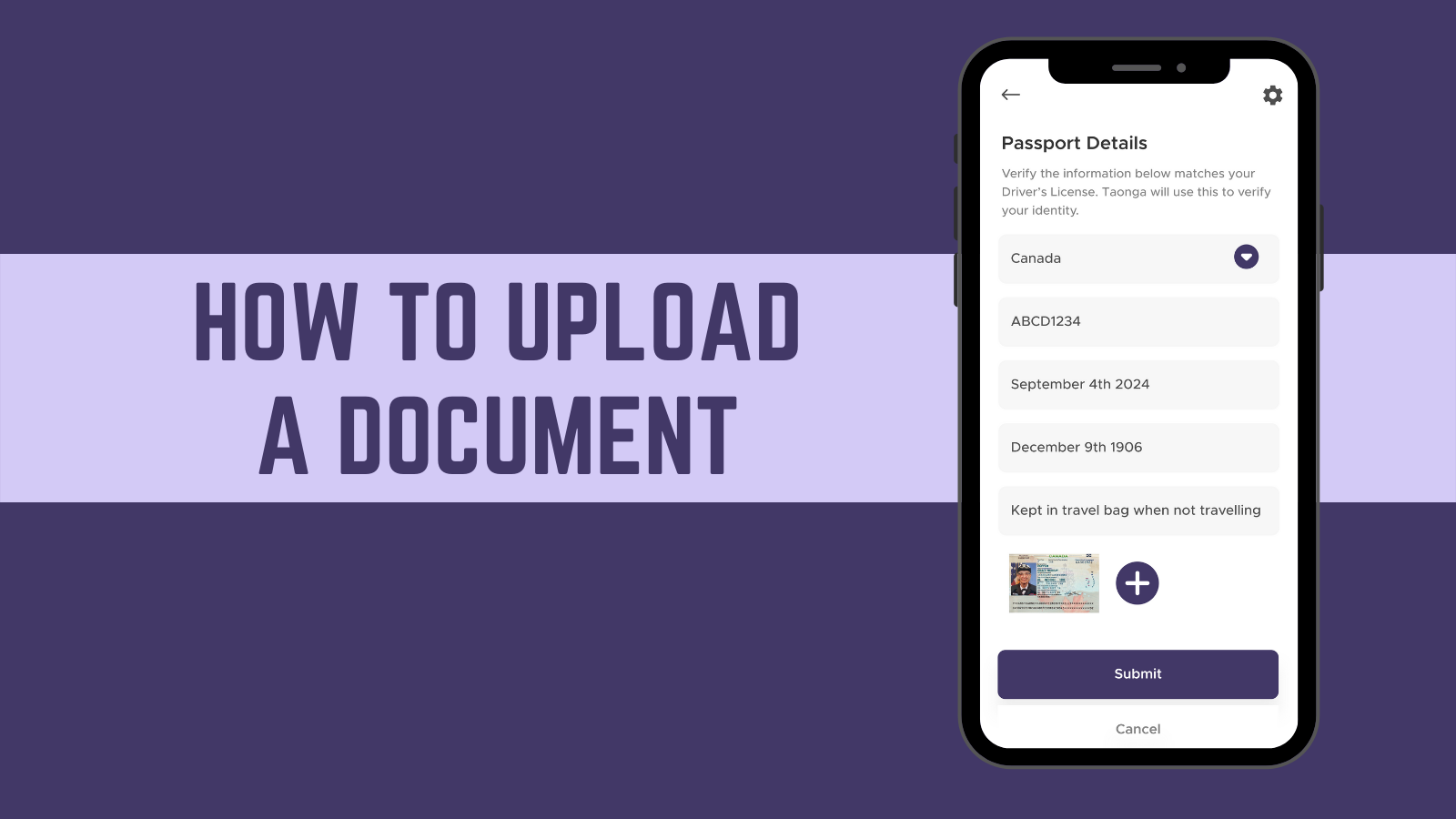 Screenshot of MIDO on a phone screen, with 'How to upload a document' on the left, on a dark purple background